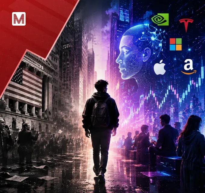 Gen Z trader using AI and mobile technology to analyze financial markets